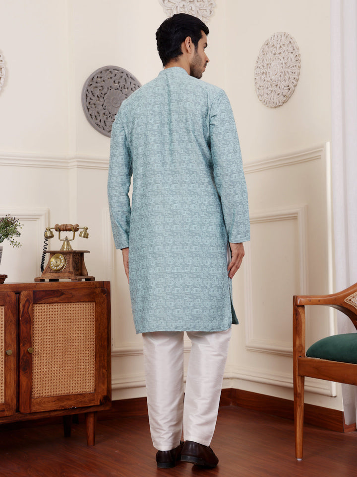Men's Blue Kurta Pajama Set | Designer Jacquard Work | Traditional Ethnic Wear