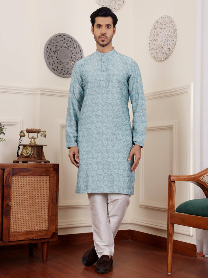 Men's Blue Kurta Pajama Set | Designer Jacquard Work | Traditional Ethnic Wear