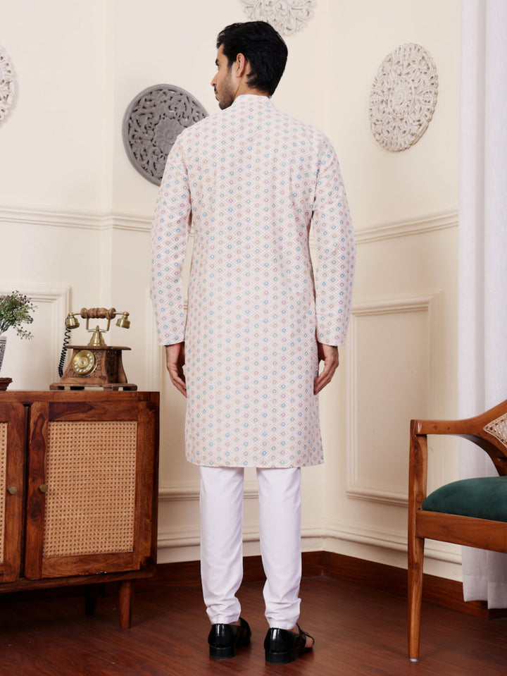 Embroidered Kurta Pajama Set | Traditional Cream Kurta for Men