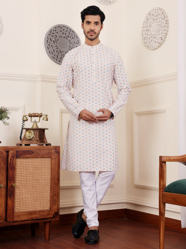 Embroidered Kurta Pajama Set | Traditional Cream Kurta for Men