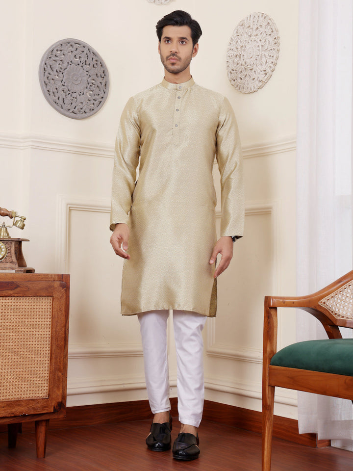 Men's Kurta Pajama Set | Beige Cream Kurta with Wevon Jacquard Work
