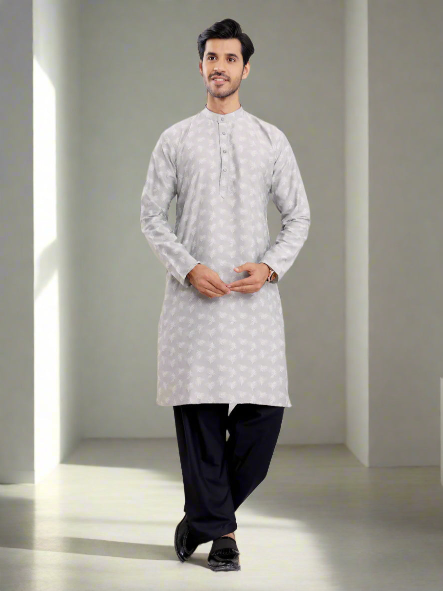 Light Grey Festive Kurta | Viscose Fabric with Elegant Wevon Jacquard Work