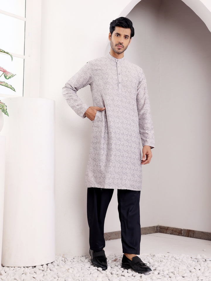 Elegant Grey Kurta for Men | Viscose with Wevon Jacquard Designer Work