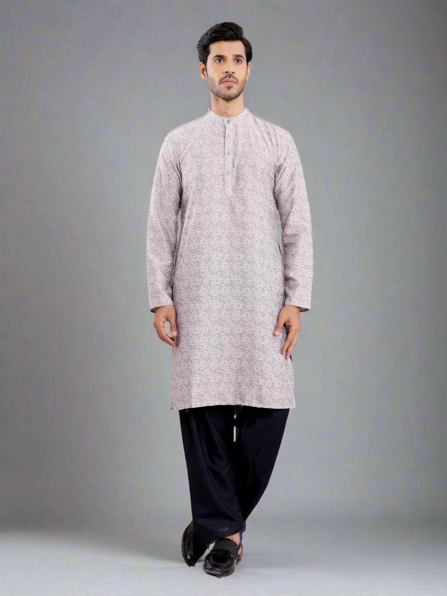 Elegant Grey Kurta for Men | Viscose with Wevon Jacquard Designer Work