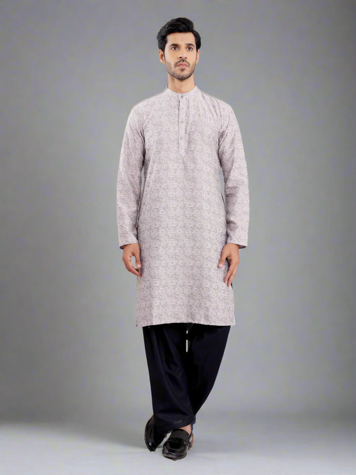 Elegant Grey Kurta for Men | Viscose with Wevon Jacquard Designer Work