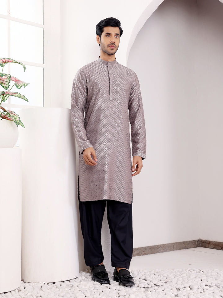 Men's Grey Ethnic Kurta | Viscose Fabric with Designer Embroidery