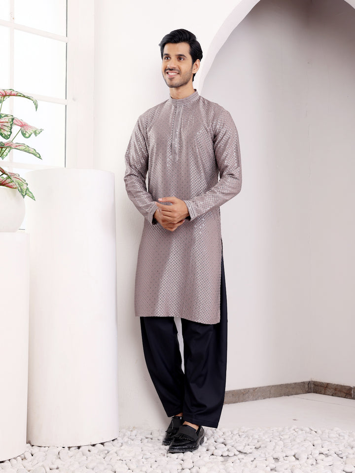 Men's Grey Ethnic Kurta | Viscose Fabric with Designer Embroidery