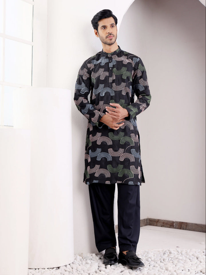 Festive Linen Kurta Set | Embroidered Linen Kurta with Art Silk Pajama