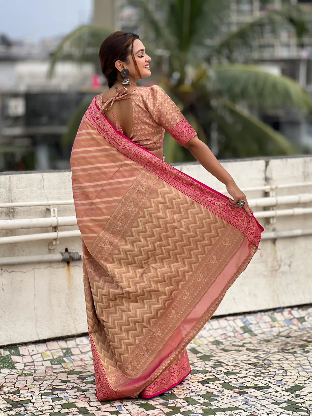 Designer Laheriya-Printed Jari-Tissue Saree for Special Events | Pooja & Festive Perfect