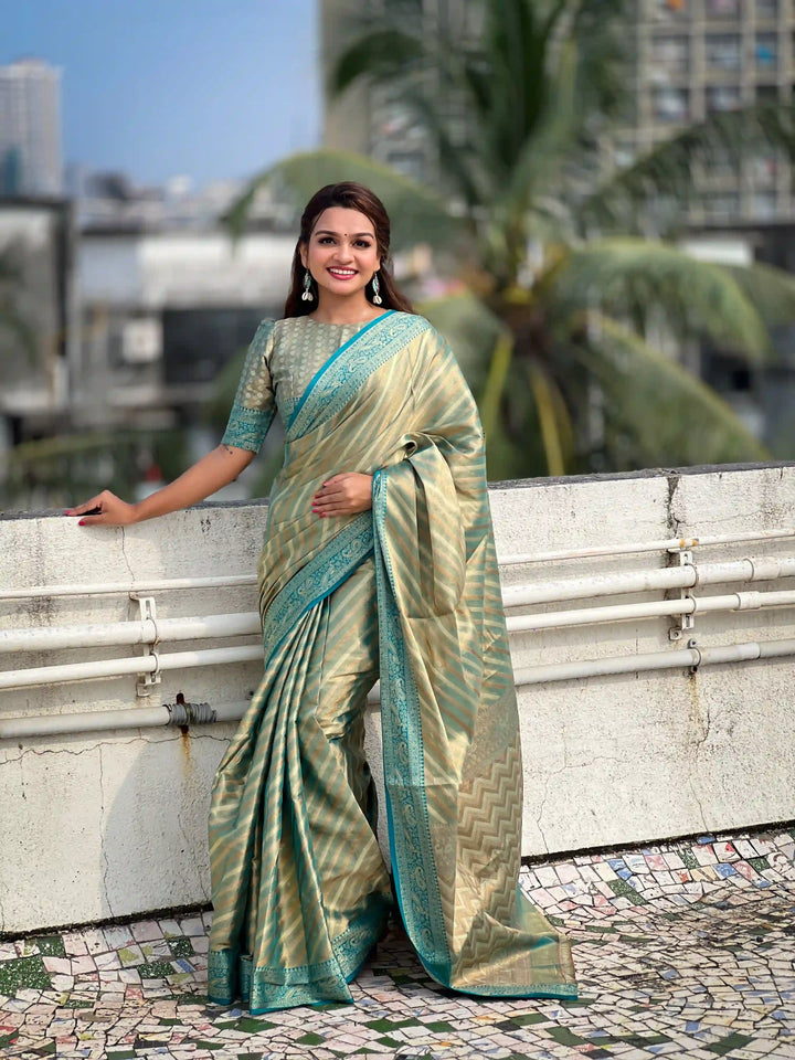 Designer Laheriya-Printed Jari-Tissue Saree for Special Events | Pooja & Festive Perfect