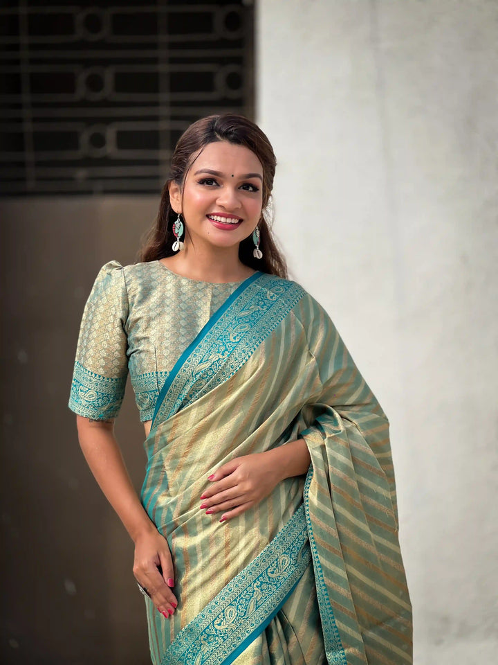Designer Laheriya-Printed Jari-Tissue Saree for Special Events | Pooja & Festive Perfect