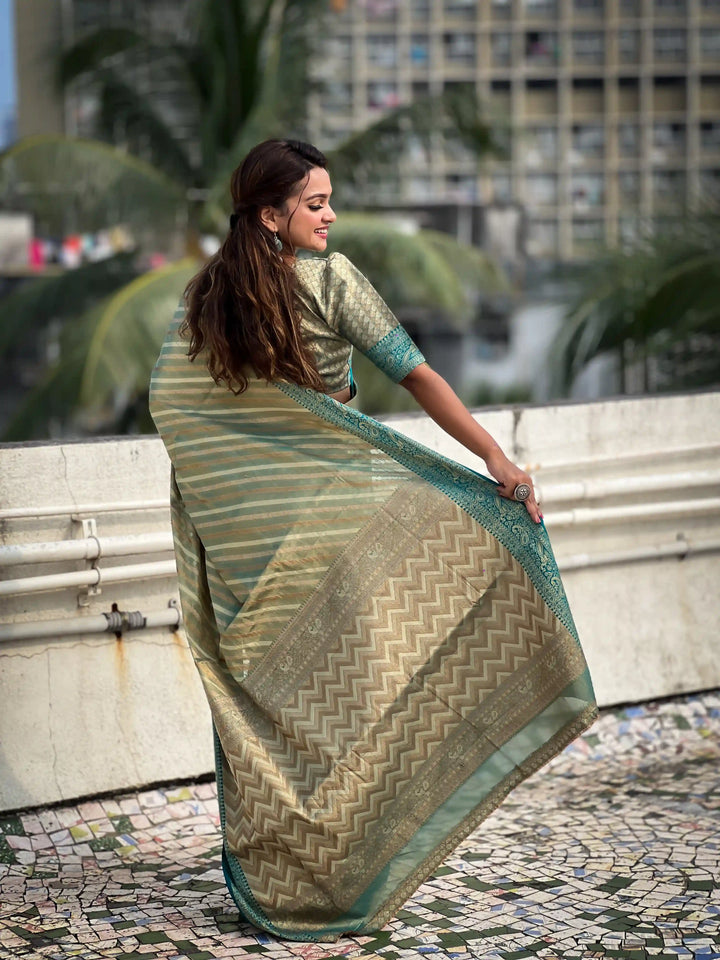 Designer Laheriya-Printed Jari-Tissue Saree for Special Events | Pooja & Festive Perfect
