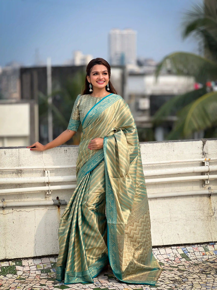 Designer Laheriya-Printed Jari-Tissue Saree for Special Events | Pooja & Festive Perfect