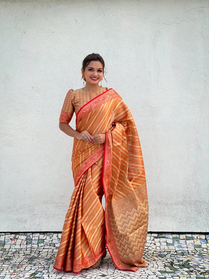 Designer Laheriya-Printed Jari-Tissue Saree for Special Events | Pooja & Festive Perfect