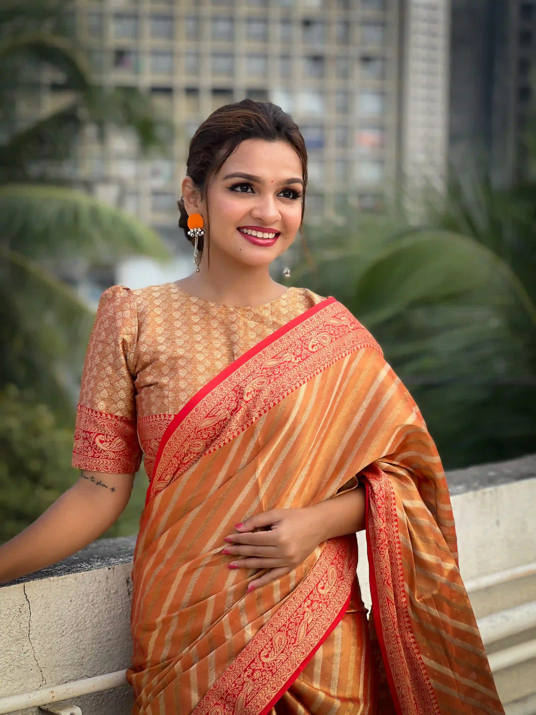 Designer Laheriya-Printed Jari-Tissue Saree for Special Events | Pooja & Festive Perfect