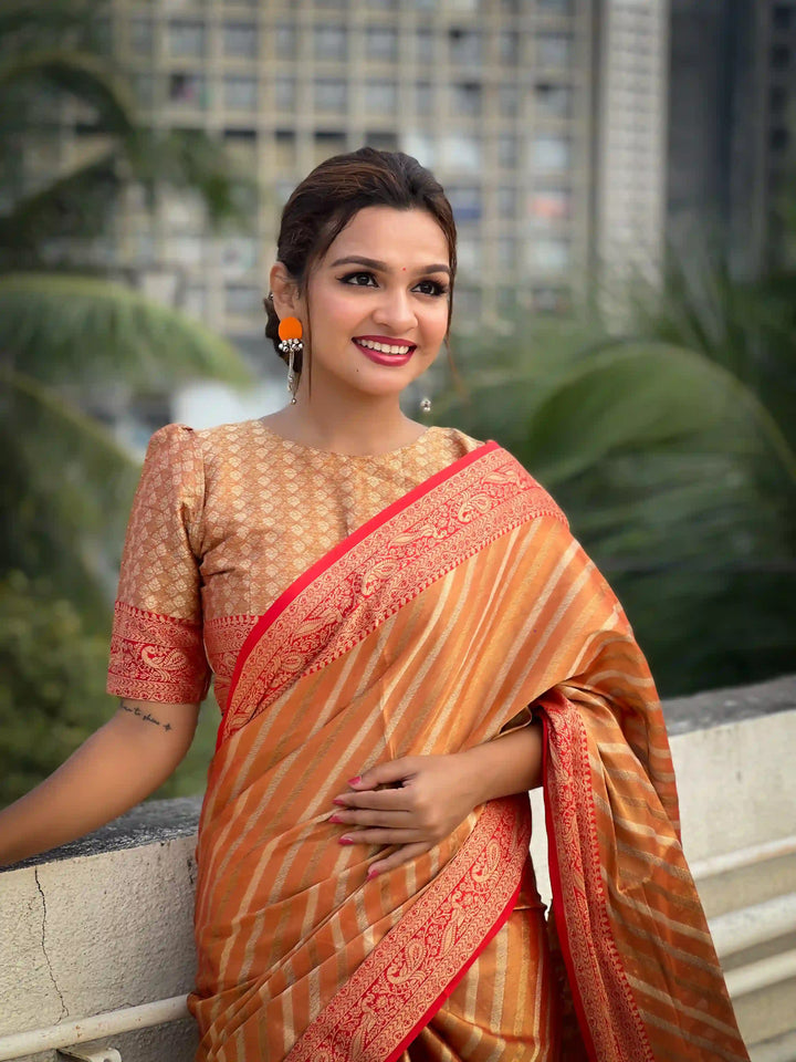 Designer Laheriya-Printed Jari-Tissue Saree for Special Events | Pooja & Festive Perfect