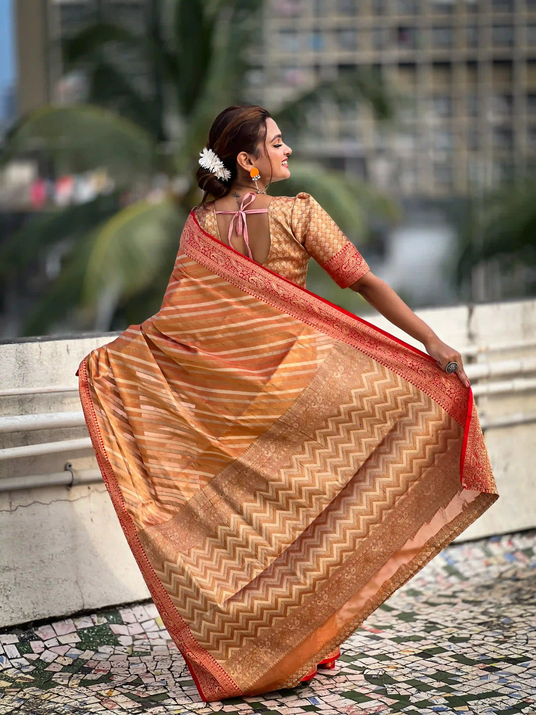 Designer Laheriya-Printed Jari-Tissue Saree for Special Events | Pooja & Festive Perfect