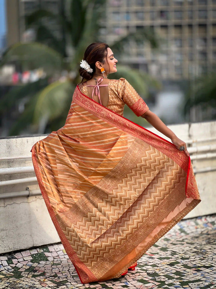 Designer Laheriya-Printed Jari-Tissue Saree for Special Events | Pooja & Festive Perfect