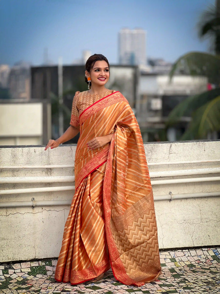 Designer Laheriya-Printed Jari-Tissue Saree for Special Events | Pooja & Festive Perfect