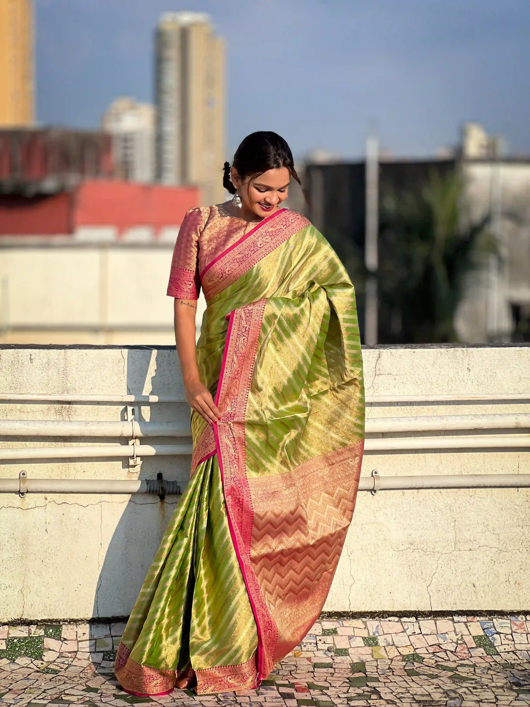 Designer Laheriya-Printed Jari-Tissue Saree for Special Events | Pooja & Festive Perfect