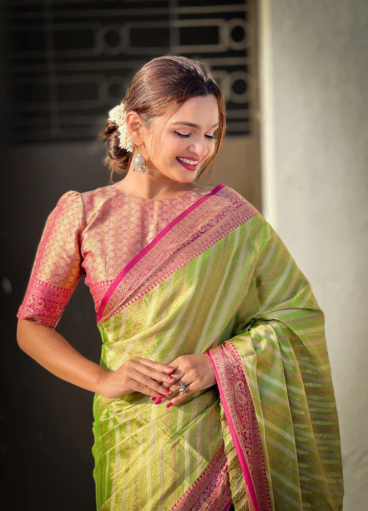 Designer Laheriya-Printed Jari-Tissue Saree for Special Events | Pooja & Festive Perfect