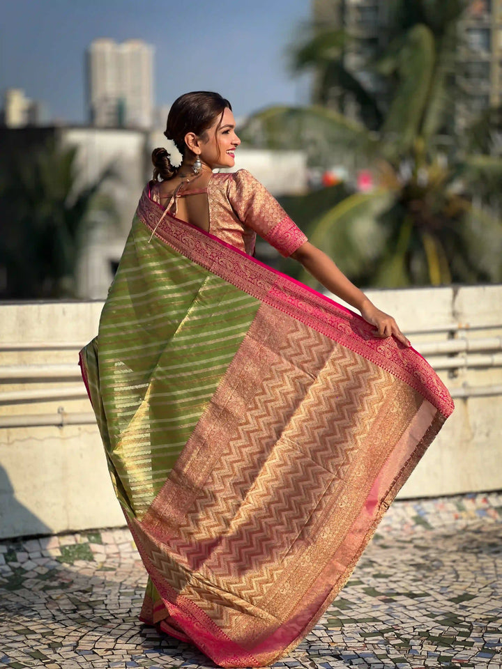 Designer Laheriya-Printed Jari-Tissue Saree for Special Events | Pooja & Festive Perfect