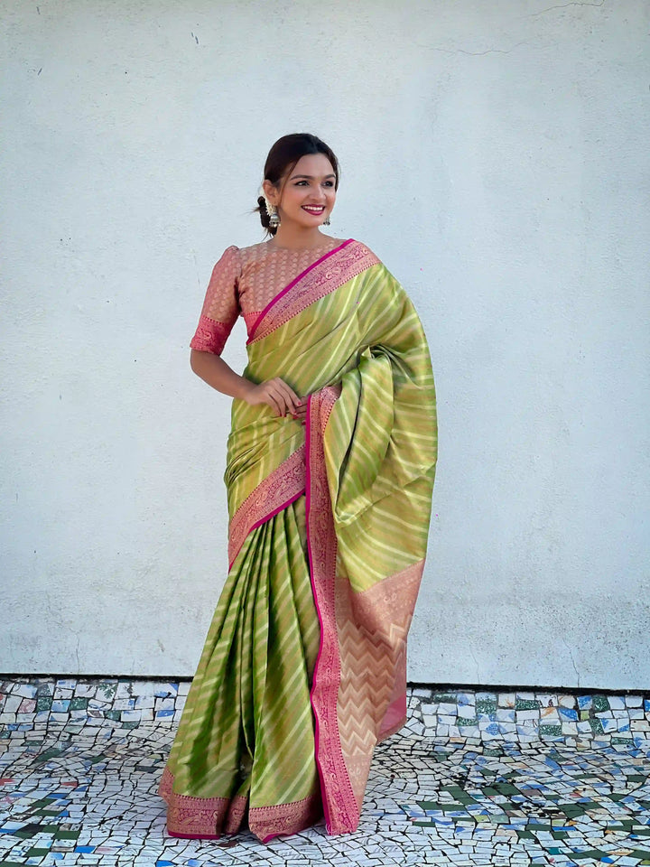 Designer Laheriya-Printed Jari-Tissue Saree for Special Events | Pooja & Festive Perfect