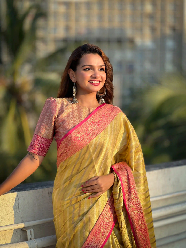 Designer Laheriya-Printed Jari-Tissue Saree for Special Events | Pooja & Festive Perfect