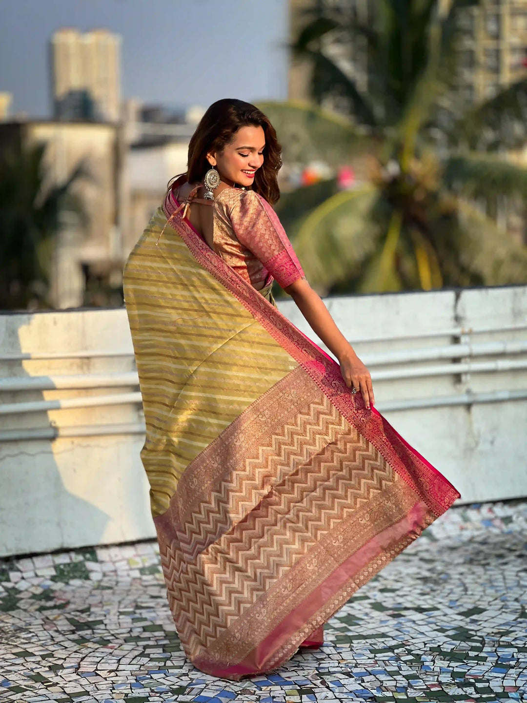 Designer Laheriya-Printed Jari-Tissue Saree for Special Events | Pooja & Festive Perfect