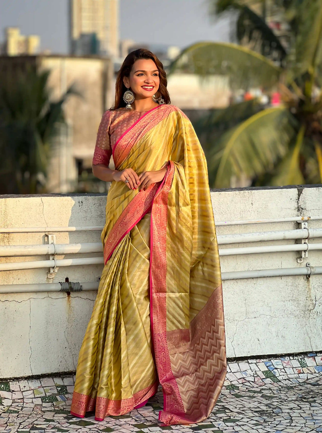 Designer Laheriya-Printed Jari-Tissue Saree for Special Events | Pooja & Festive Perfect