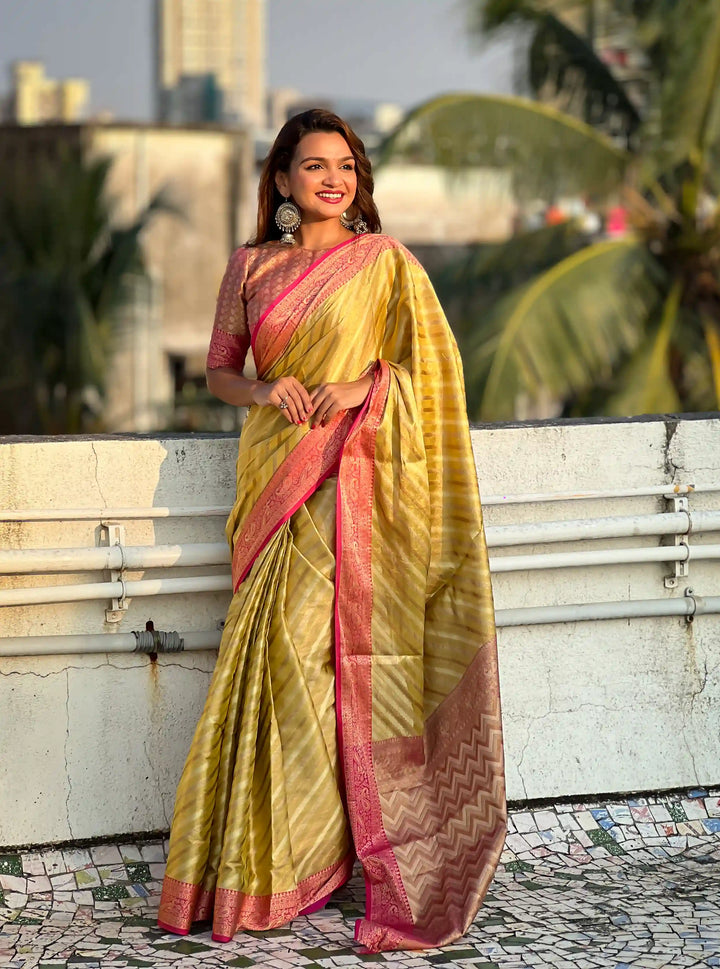 Designer Laheriya-Printed Jari-Tissue Saree for Special Events | Pooja & Festive Perfect