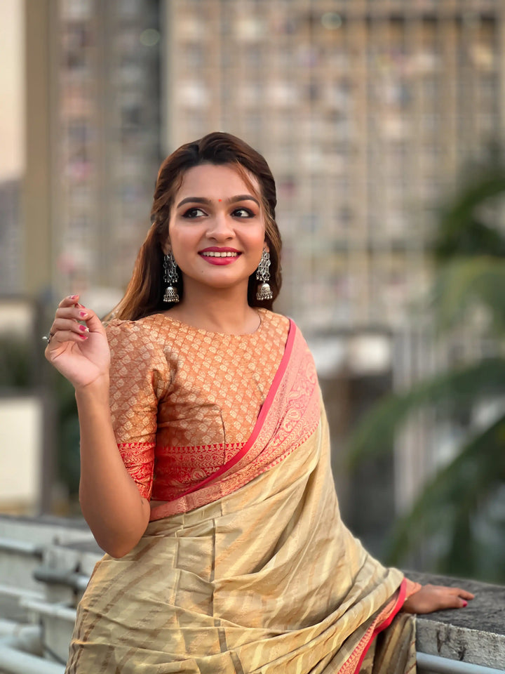 Designer Laheriya-Printed Jari-Tissue Saree for Special Events | Pooja & Festive Perfect