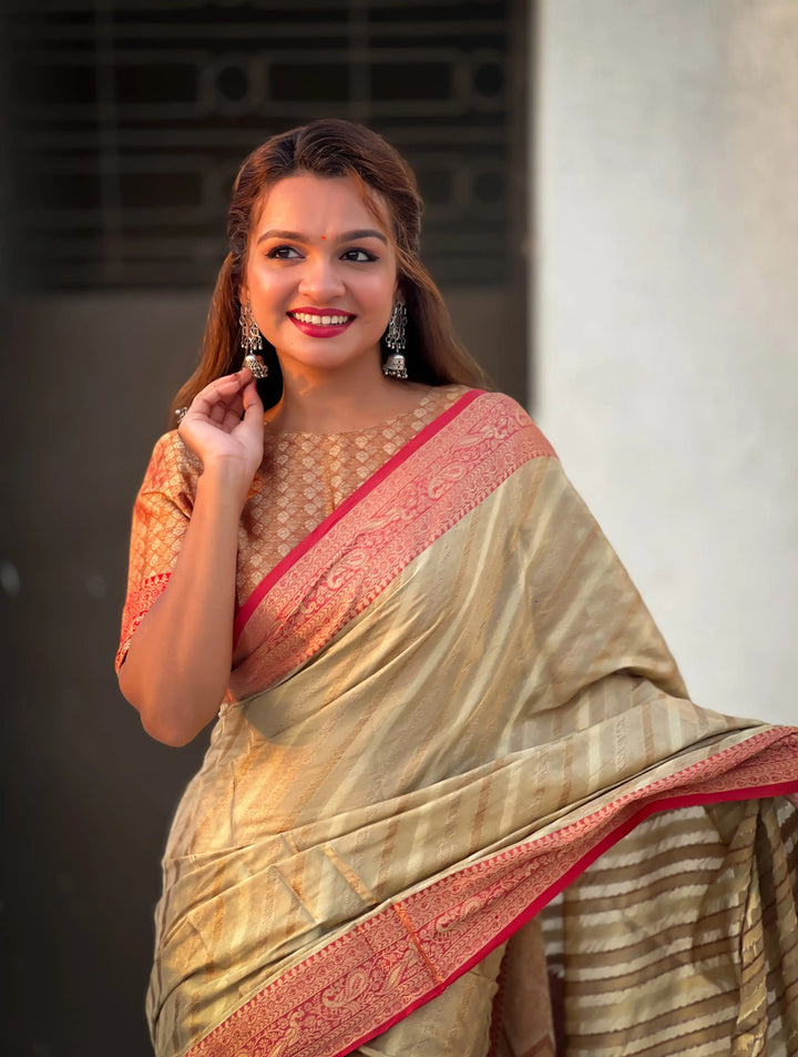 Designer Laheriya-Printed Jari-Tissue Saree for Special Events | Pooja & Festive Perfect