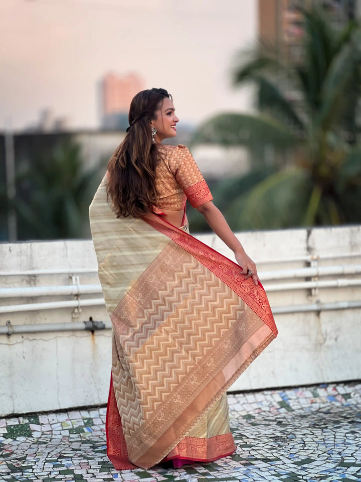 Designer Laheriya-Printed Jari-Tissue Saree for Special Events | Pooja & Festive Perfect