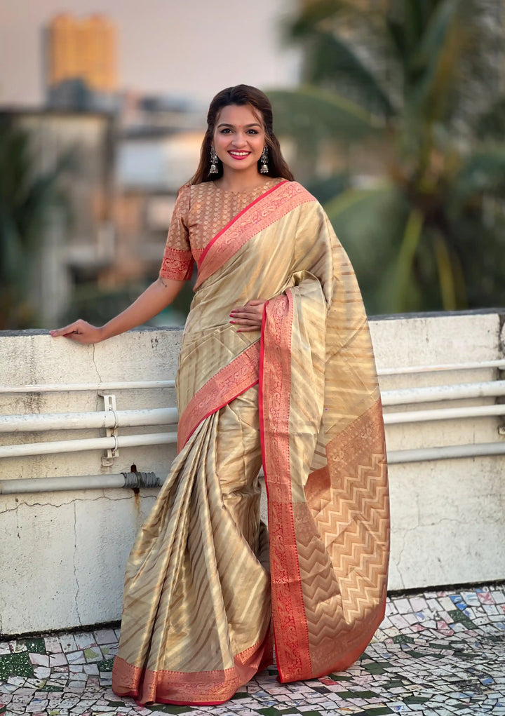 Designer Laheriya-Printed Jari-Tissue Saree for Special Events | Pooja & Festive Perfect