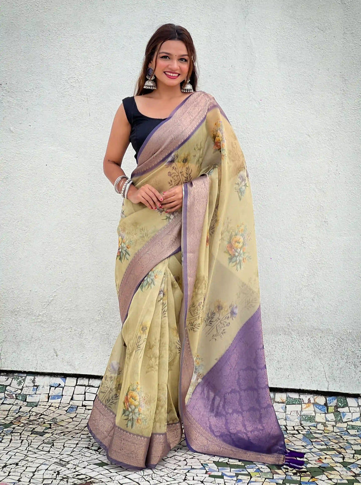 Designer Floral-Printed Tissue-Crush Saree | Special Event & Wedding Ready