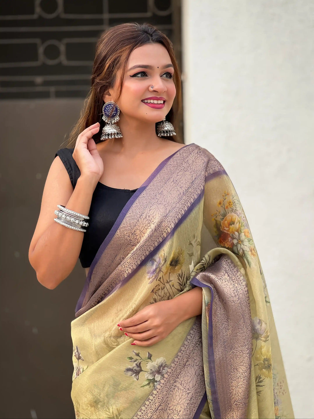 Designer Floral-Printed Tissue-Crush Saree | Special Event & Wedding Ready