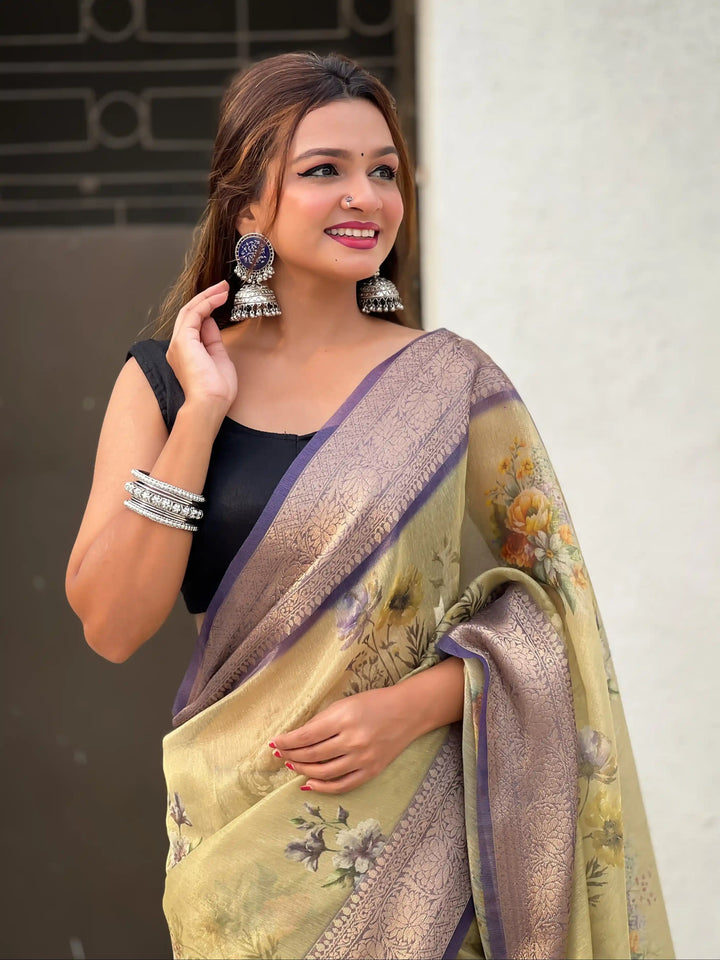 Designer Floral-Printed Tissue-Crush Saree | Special Event & Wedding Ready