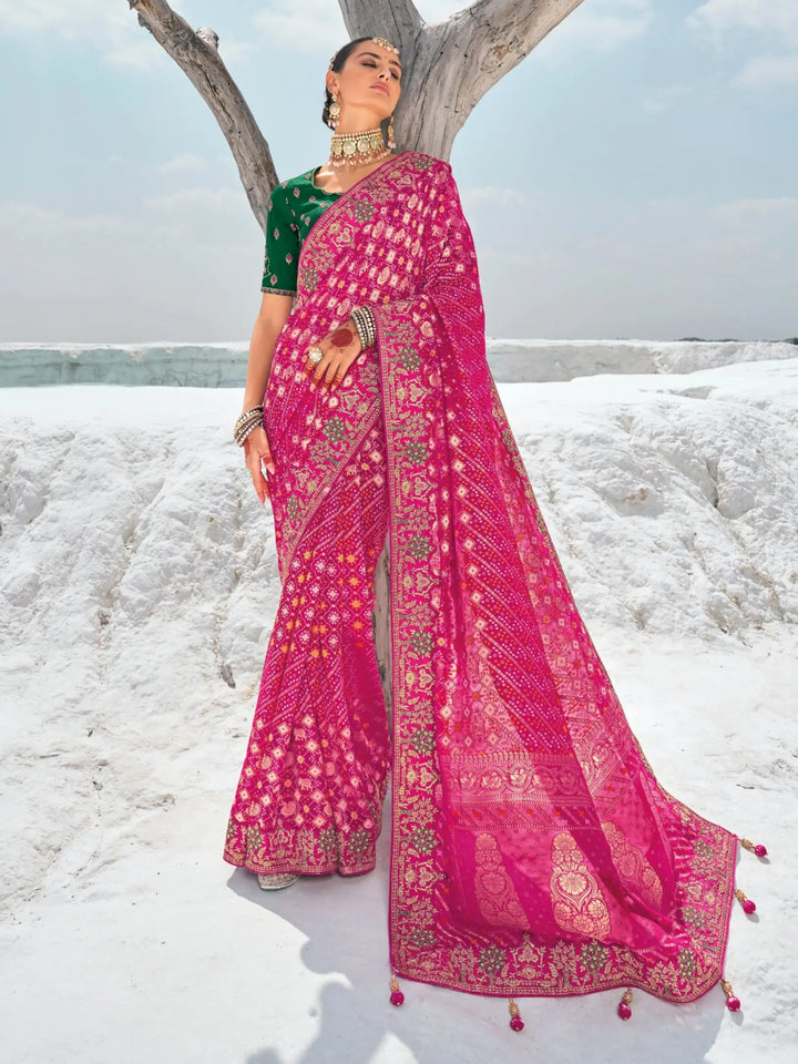 Designer Pink Saree | Bandhani Print & Art-Silk Blouse for Celebrations