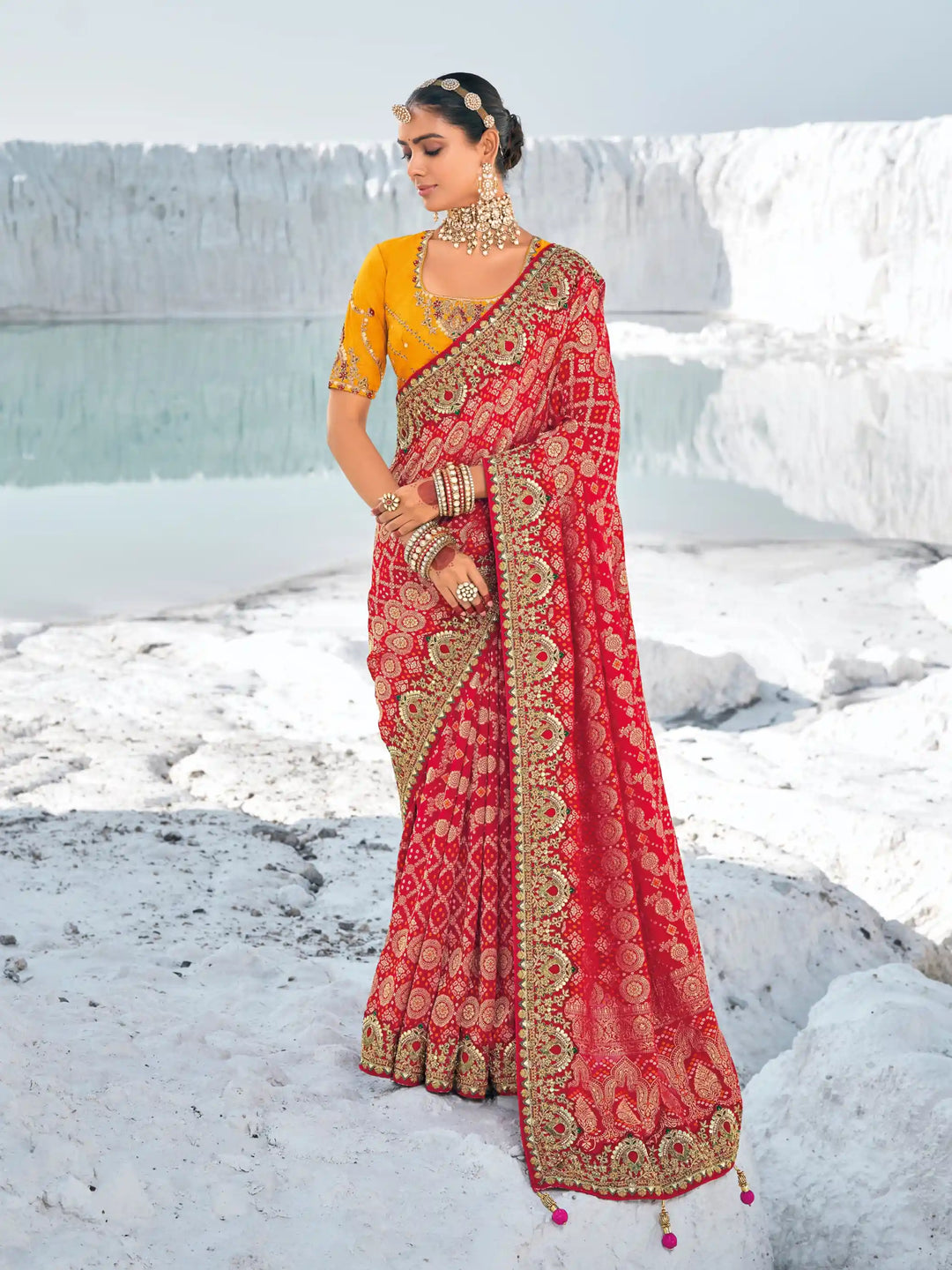 Designer Georgette Saree with Art-Silk Blouse | Bandhani-Printed & Embroidery