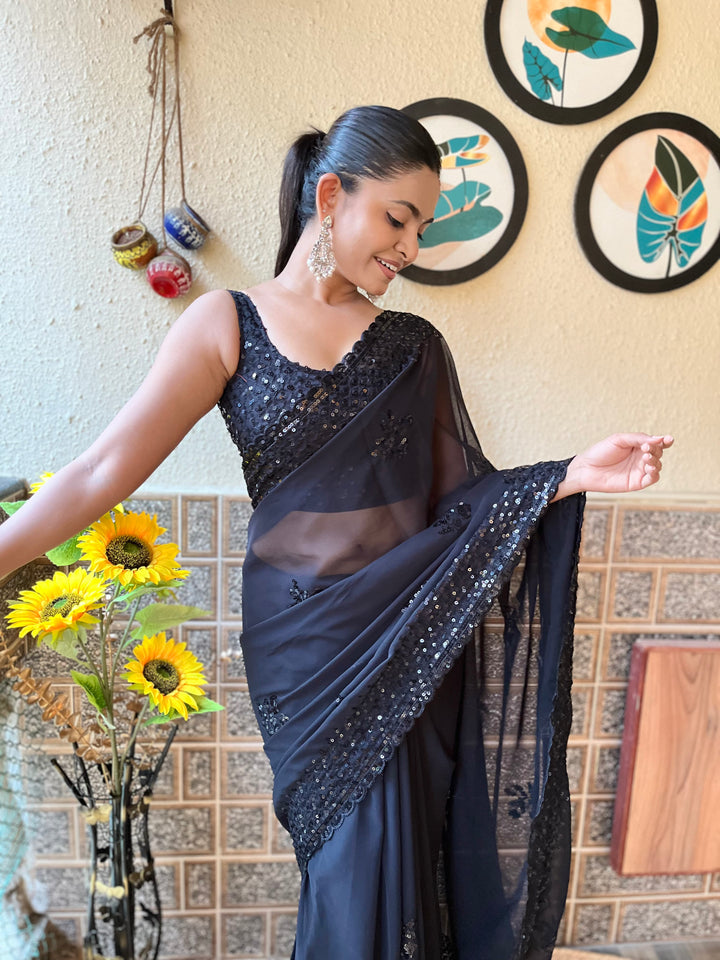 Luxurious Georgette Saree | Diamond-Silk Blouse & Elegant Embroidery