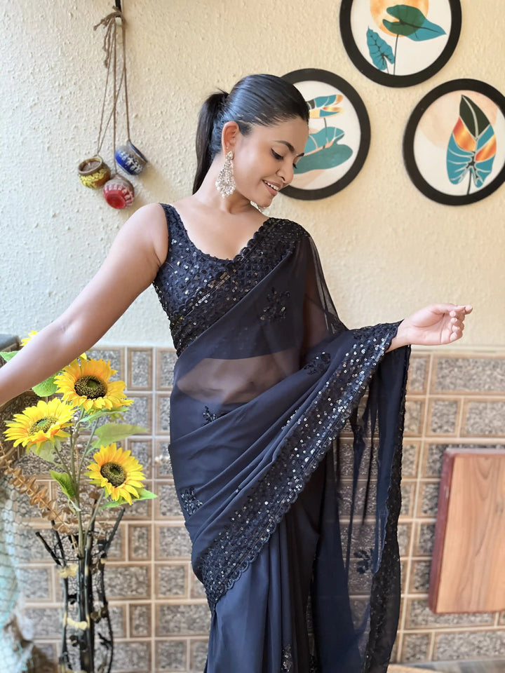 Luxurious Georgette Saree | Diamond-Silk Blouse & Elegant Embroidery
