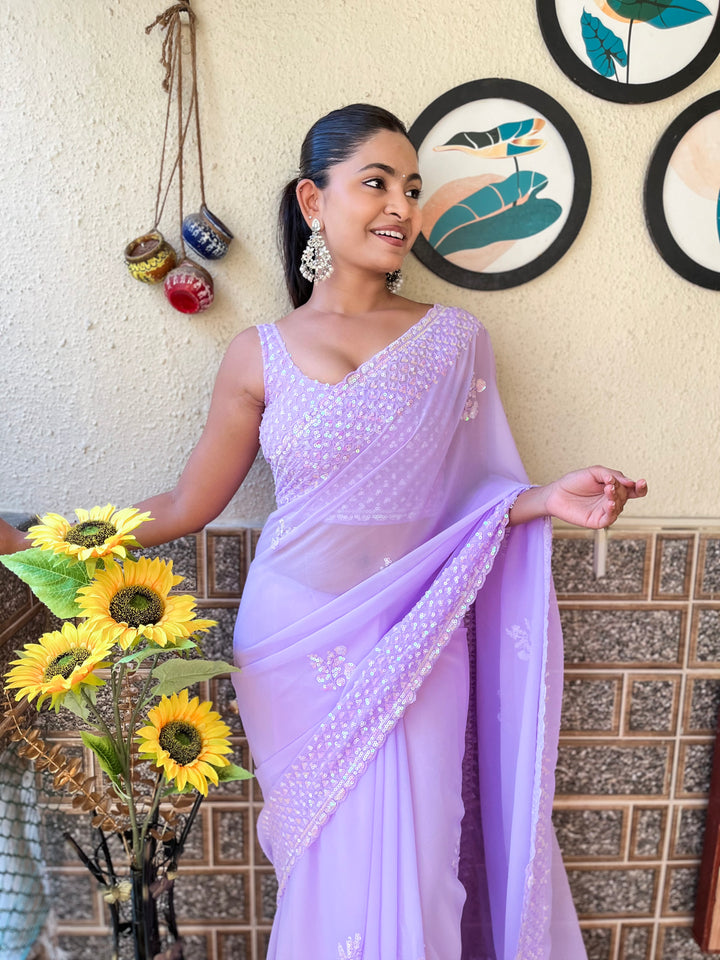 Luxurious Georgette Saree | Diamond-Silk Blouse & Elegant Embroidery