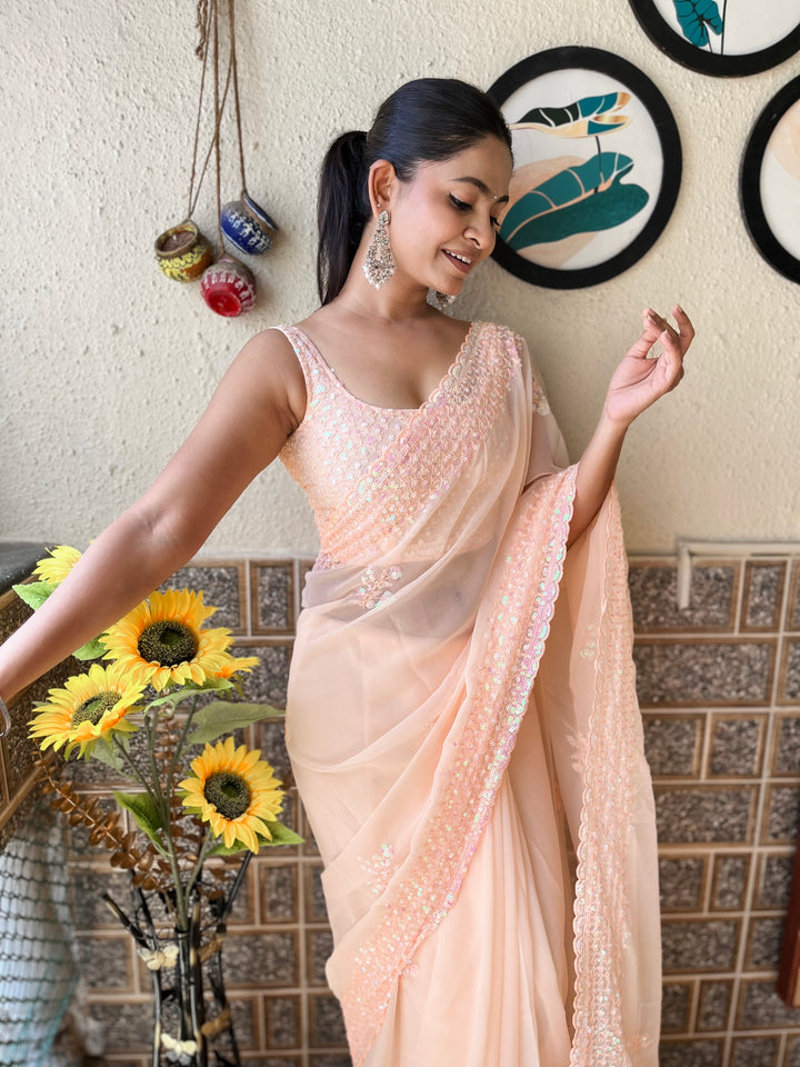 Luxurious Georgette Saree | Diamond-Silk Blouse & Elegant Embroidery