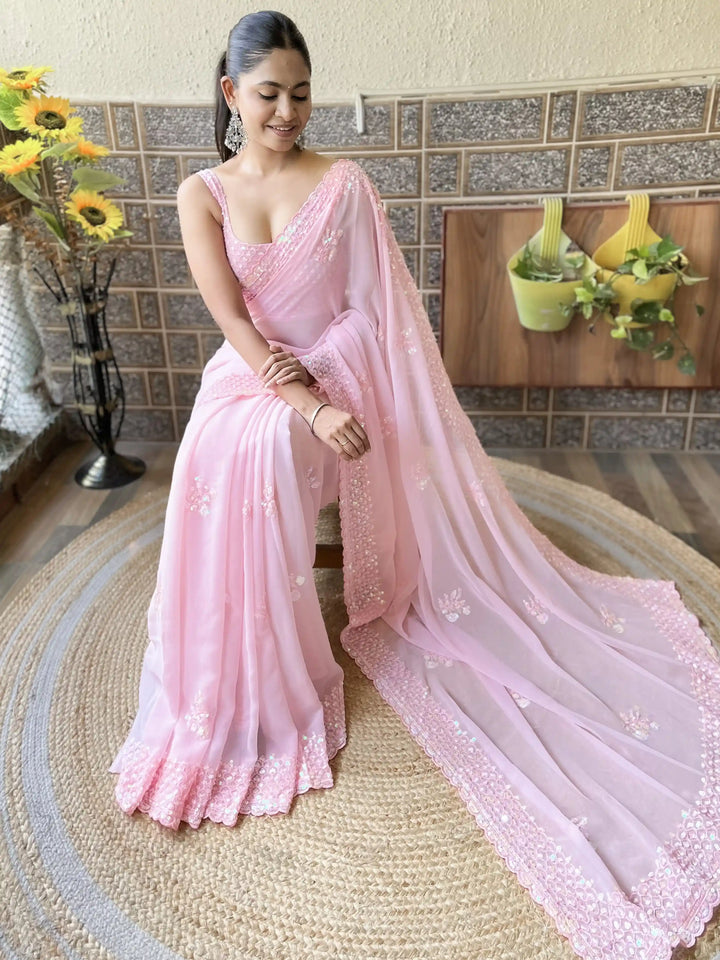 Luxurious Georgette Saree | Diamond-Silk Blouse & Elegant Embroidery