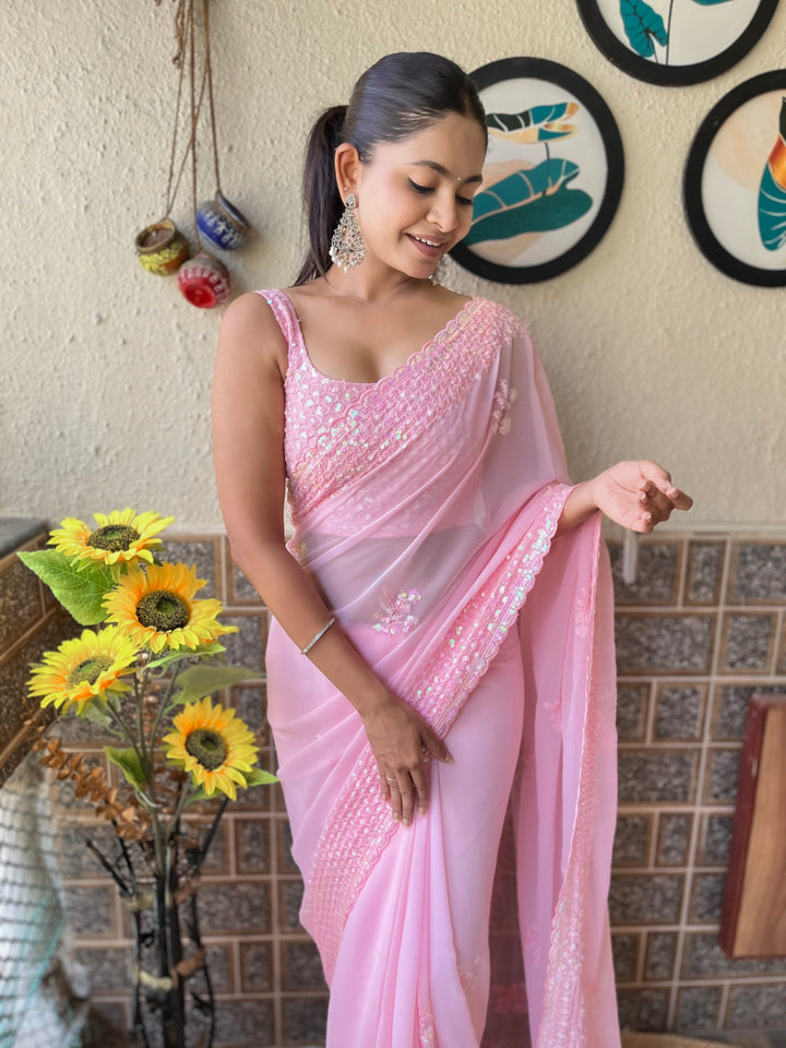 Luxurious Georgette Saree | Diamond-Silk Blouse & Elegant Embroidery
