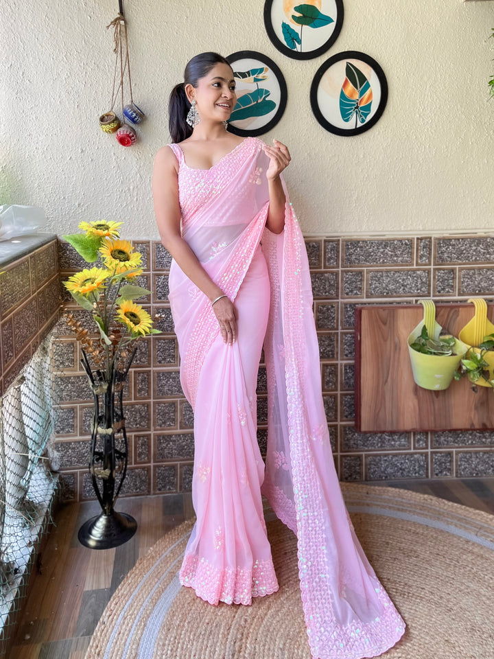 Luxurious Georgette Saree | Diamond-Silk Blouse & Elegant Embroidery