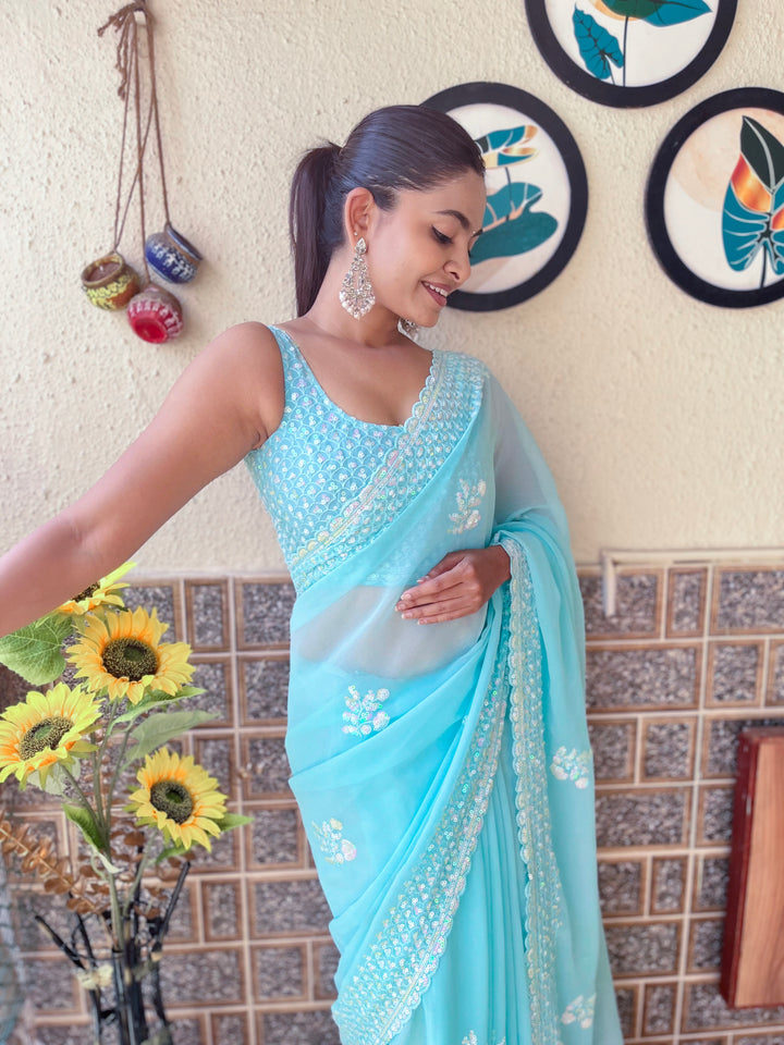 Luxurious Georgette Saree | Diamond-Silk Blouse & Elegant Embroidery