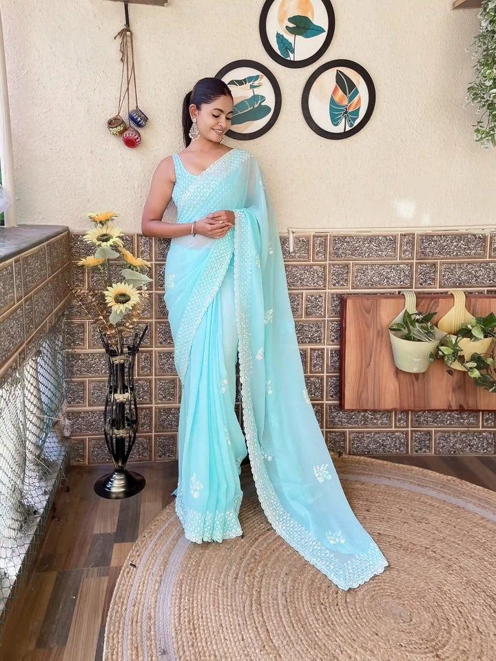 Luxurious Georgette Saree | Diamond-Silk Blouse & Elegant Embroidery