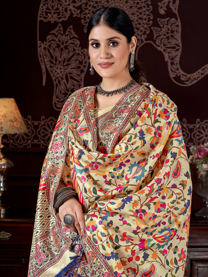 Designer Cream Pashmina Saree | Beautified with Designer Digital Printed Work